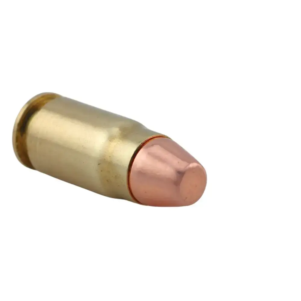 Brass cartridge case with a copper-jacketed bullet viewed at an angle