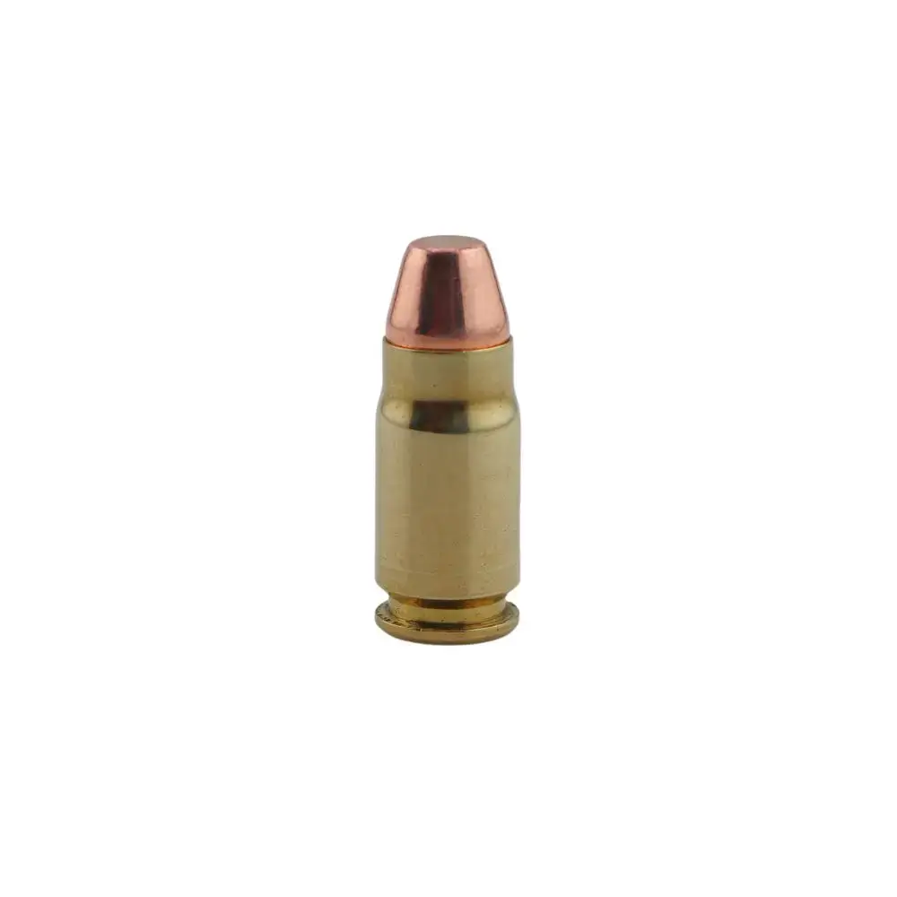 A single brass rifle cartridge with a copper-colored bullet standing upright on a white background, free of other objects.