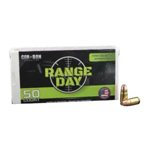 Box of Range Day high-velocity ammunition, 50 rounds, with two bullets resting next to the box.