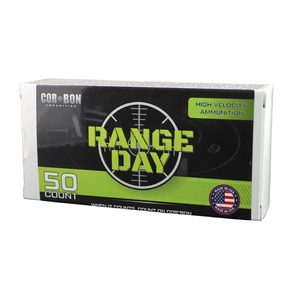 Box of Range Day high-velocity ammunition, 50 rounds, black and neon green packaging with a target symbol and Made in USA badge