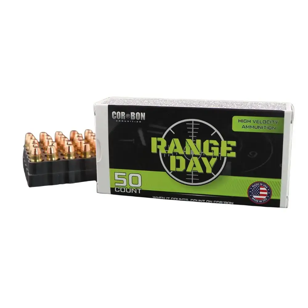 Box of Range Day high-velocity ammunition, 50 rounds, with copper-jacketed bullets shown to the left.