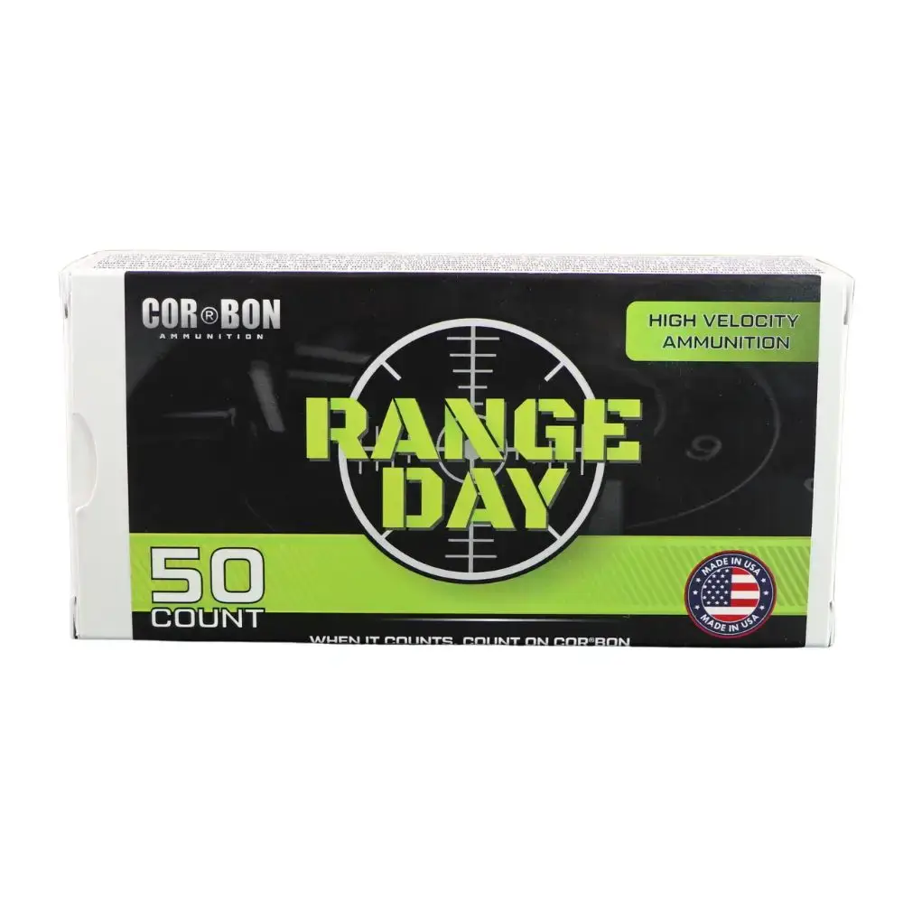 Box of Range Day high-velocity ammunition by Corbon, 50 count, with neon green and black design.