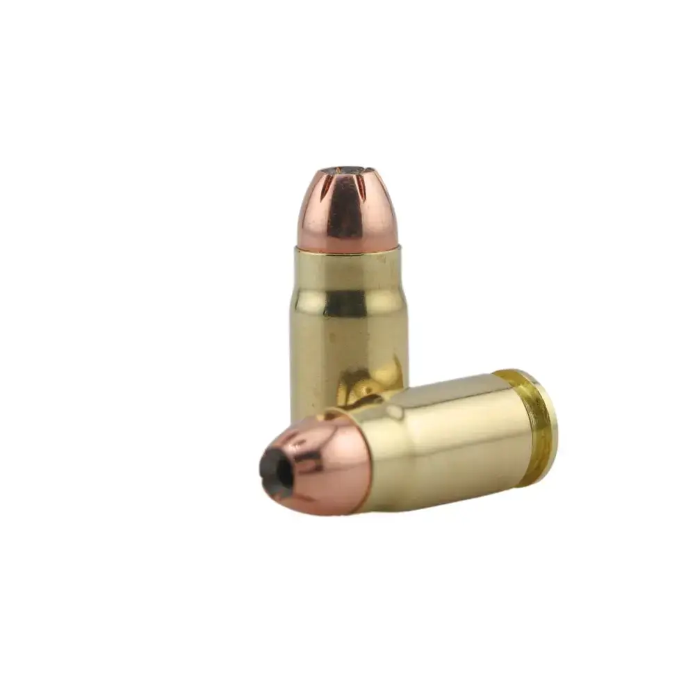 Two brass ammunition cartridges with copper jackets on a white background, one upright and one resting sideways.