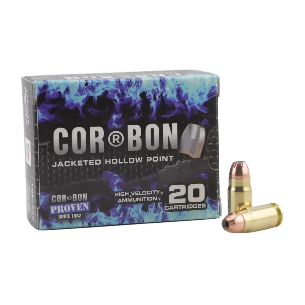 Box of Corbon Jacketed Hollow Point ammunition with 20 cartridges and two bullets beside it, on a white background.