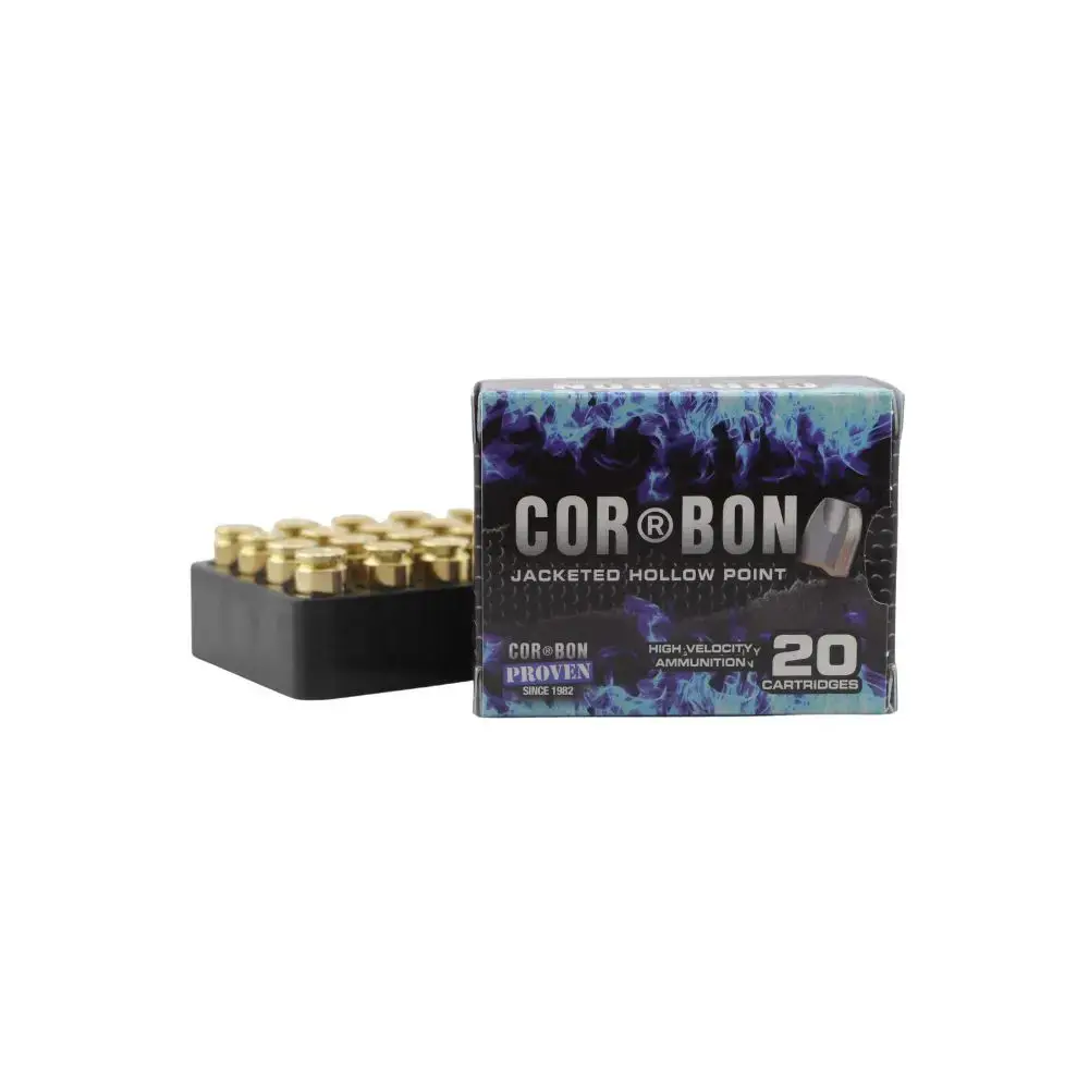 Box of Corbon jacketed hollow point ammunition with 20 cartridges; blue flame design on the packaging and brass bullets visible to the left.
