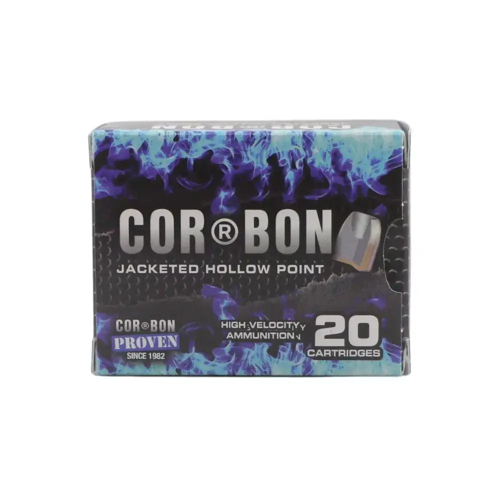 Box of COR·BON 20 cartridges with blue flame design, jacketed hollow point ammunition label visible on front.