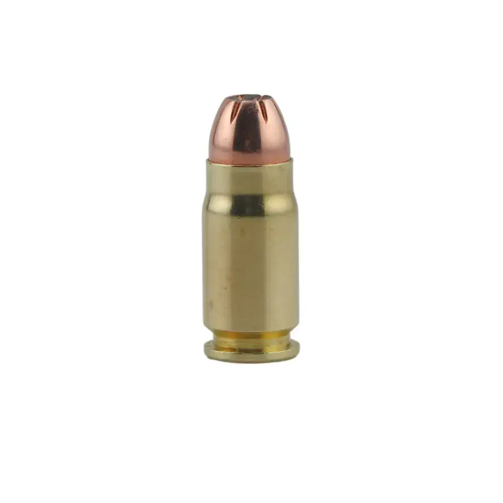 Single brass ammunition cartridge standing upright with copper-colored bullet.