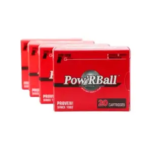 Red Pow'RBall ammunition boxes stacked in a row, showing '20 CARTRIDGES' on the front label.