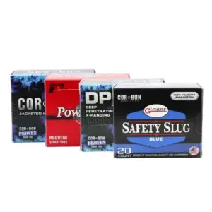 Four Cor-Bon ammunition boxes arranged diagonally, including Safety Slug Blue.