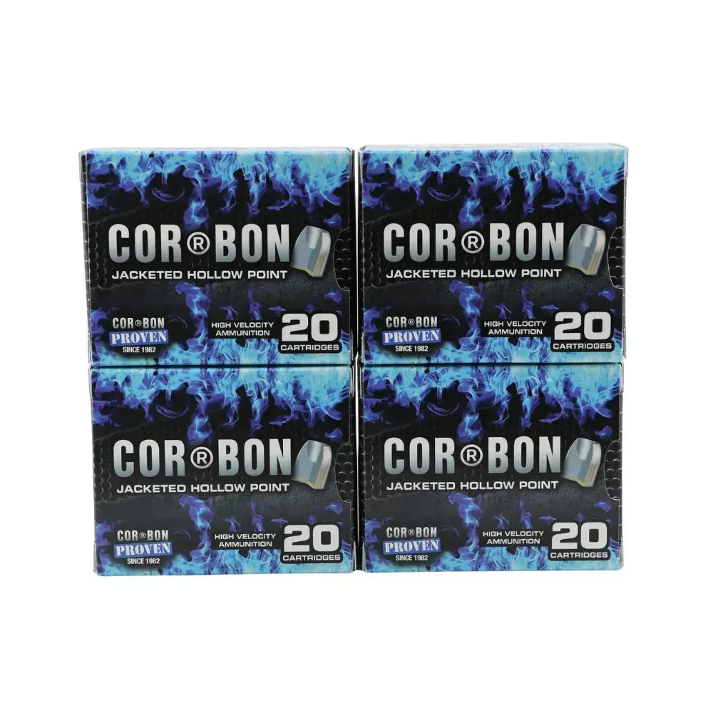 Four boxes of COR-BON jacketed hollow point ammunition, 20 cartridges per box, stacked in a 2x2 arrangement with blue flame graphics.