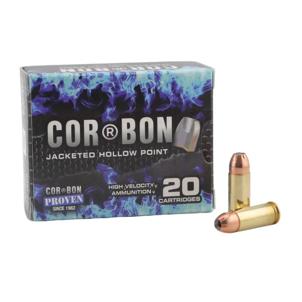 Box of Corbon jacketed hollow point ammunition with two bullets beside it