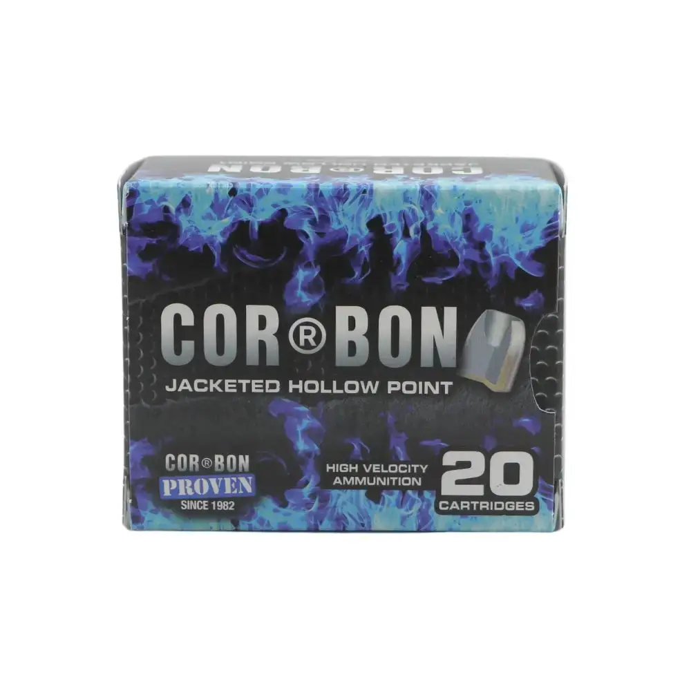Box of CORBON jacketed hollow point ammunition, 20 cartridges, with blue flames design on black packaging, shows 'CORBON' and '20 CARTRIDGES' text