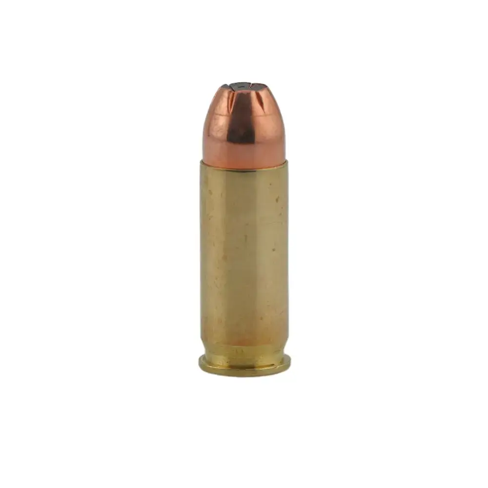 Single brass ammunition cartridge with a copper-jacketed bullet standing upright.