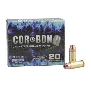Box of COR-BON jacketed hollow-point ammunition, 20 cartridges, with two bullets displayed beside the box.