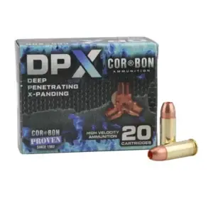 Box of 20 Corbon DPX deep-penetrating ammunition cartridges with copper tips on the right side.