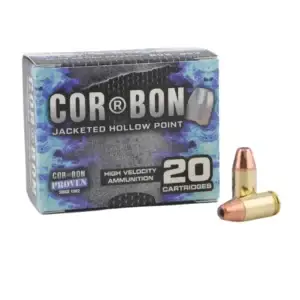 Box of Corbon high-velocity jacketed hollow point ammunition with 20 cartridges shown beside the box, in metallic and blue design.