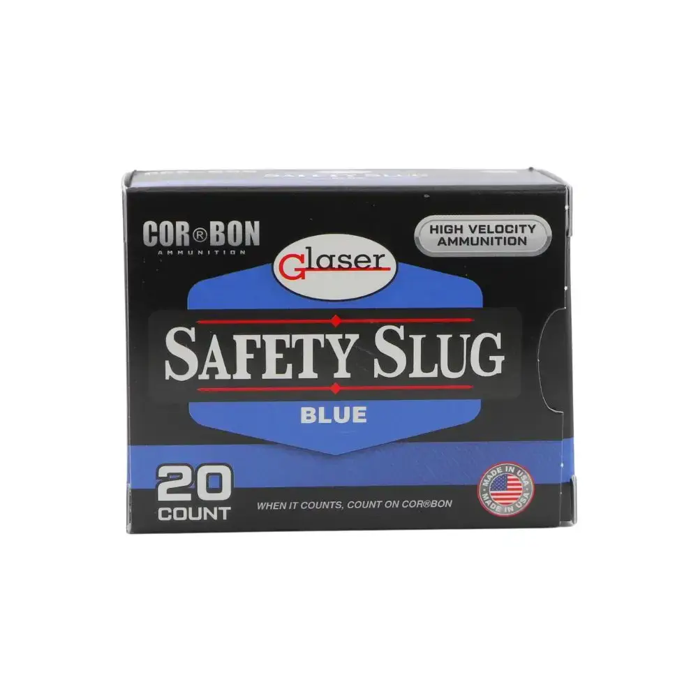 Box of Cor-Bon Safety Slug ammunition, blue label, 20‑count, made in USA