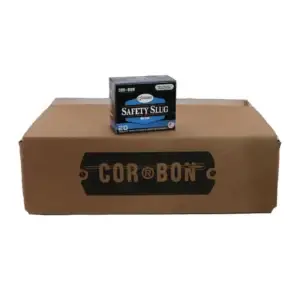 Large brown cardboard box with a black 'CORBON' label; a small blue-and-black box of Glaser Safety Slug sits on top.