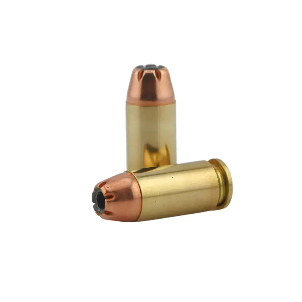 Two brass ammunition cartridges with copper jacketed bullets on a white background.