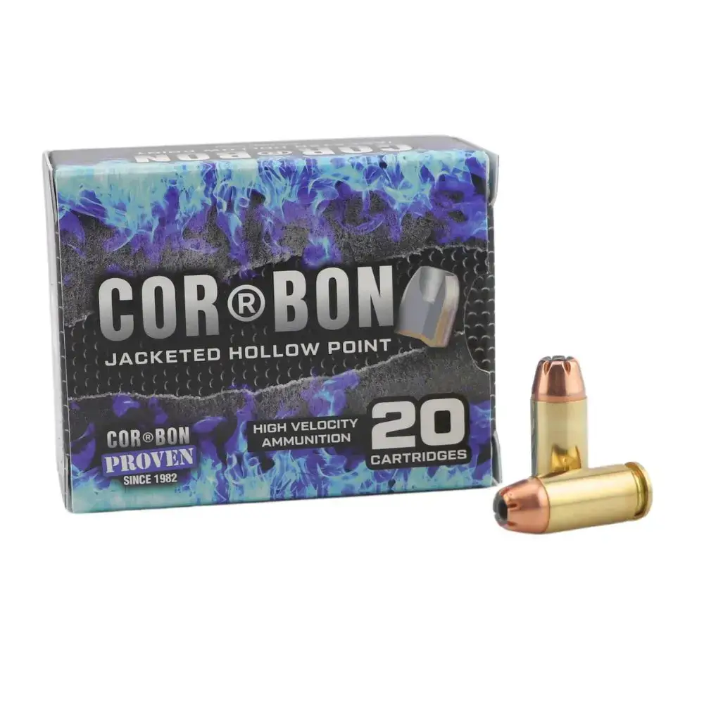 Box of Corbon jacketed hollow point ammunition, 20 cartridges, with two bullets beside the box.
