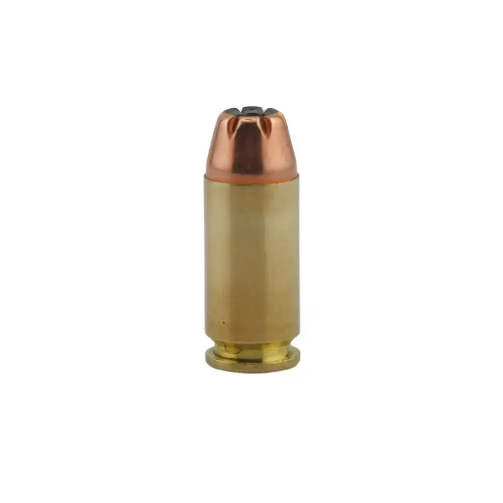 A single brass rifle cartridge with a copper-colored bullet standing upright on a white background, isolated.