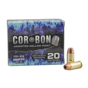 Box of Cor®Bon jacketed hollow point ammunition, 20 cartridges, with two bullets shown beside the box