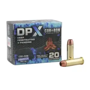 DPX CorBon ammunition box labeled 'Deep Penetrating X-Panding' with two brass bullets beside it, on a white background.