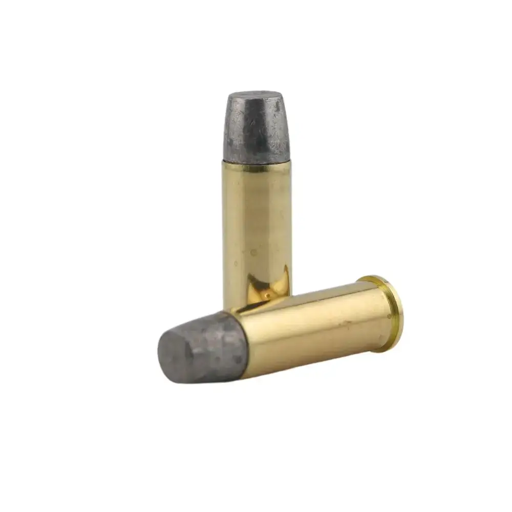 Two brass handgun cartridges with gray lead tips, one upright and one resting on its side.