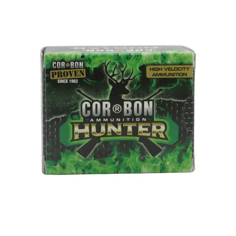 Box of CorBON Hunter high-velocity ammunition with a green and black design and a deer silhouette.