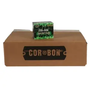 Brown cardboard shipping box with a black CORBON label; a small green CorBon Hunter ammo box sits on top.