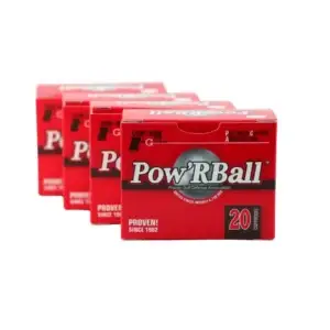 Red Pow'RBall self-defense ammunition boxes, 20 cartridges per box, stacked in a row against a white background.