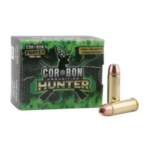Cor-Bon Hunter ammunition box with two brass rifle cartridges in front.