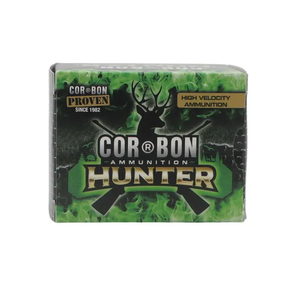 Cor-Bon Hunter ammunition box with a deer head logo and green-black design on the front.