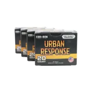 Boxes of Urban Response ammunition, 20 count, arranged in a row.