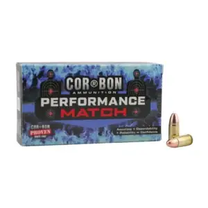 Box of COR-BON Performance Match ammunition with two copper-colored bullets beside it