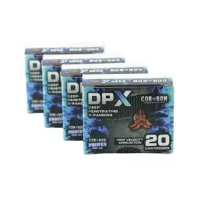 Boxes of Cor-Bon DPX ammunition with 20 cartridges per box, shown in a row against a white background.