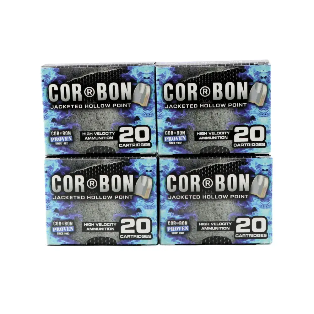 Four COR-BON ammunition boxes (jacketed hollow point), 20 cartridges per box, arranged in a 2x2 stack with blue-black packaging.