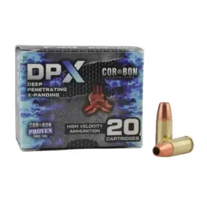 Box of DPX high-velocity ammunition (20 cartridges) with two copper-jacketed bullets beside it.