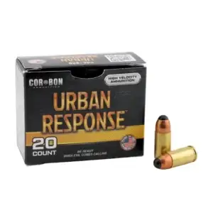 Box of Cor-Bon Urban Response ammunition, 20 rounds, with two brass-cased bullets beside it on a white background.