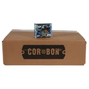 Cardboard shipping box labeled COR-BON with a small DPX ammunition box resting on top (20 cartridges).