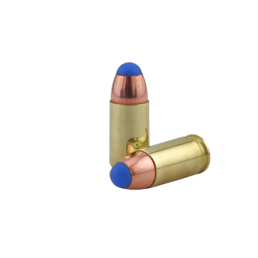 Two brass rifle cartridges with copper projectiles and blue tips, positioned upright and leaning on each other.