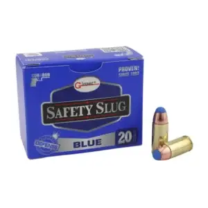 Blue box of Safety Slug ammunition, 20 rounds, with two copper-blue bullets displayed beside it