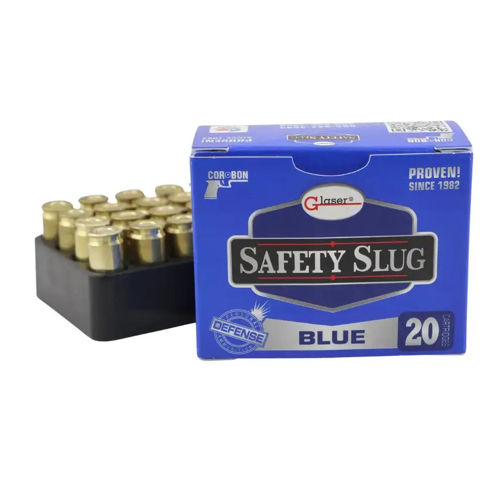 Blue box labeled Safety Slug Blue containing 20 cartridges, with brass rounds in a black cartridge tray beside it.