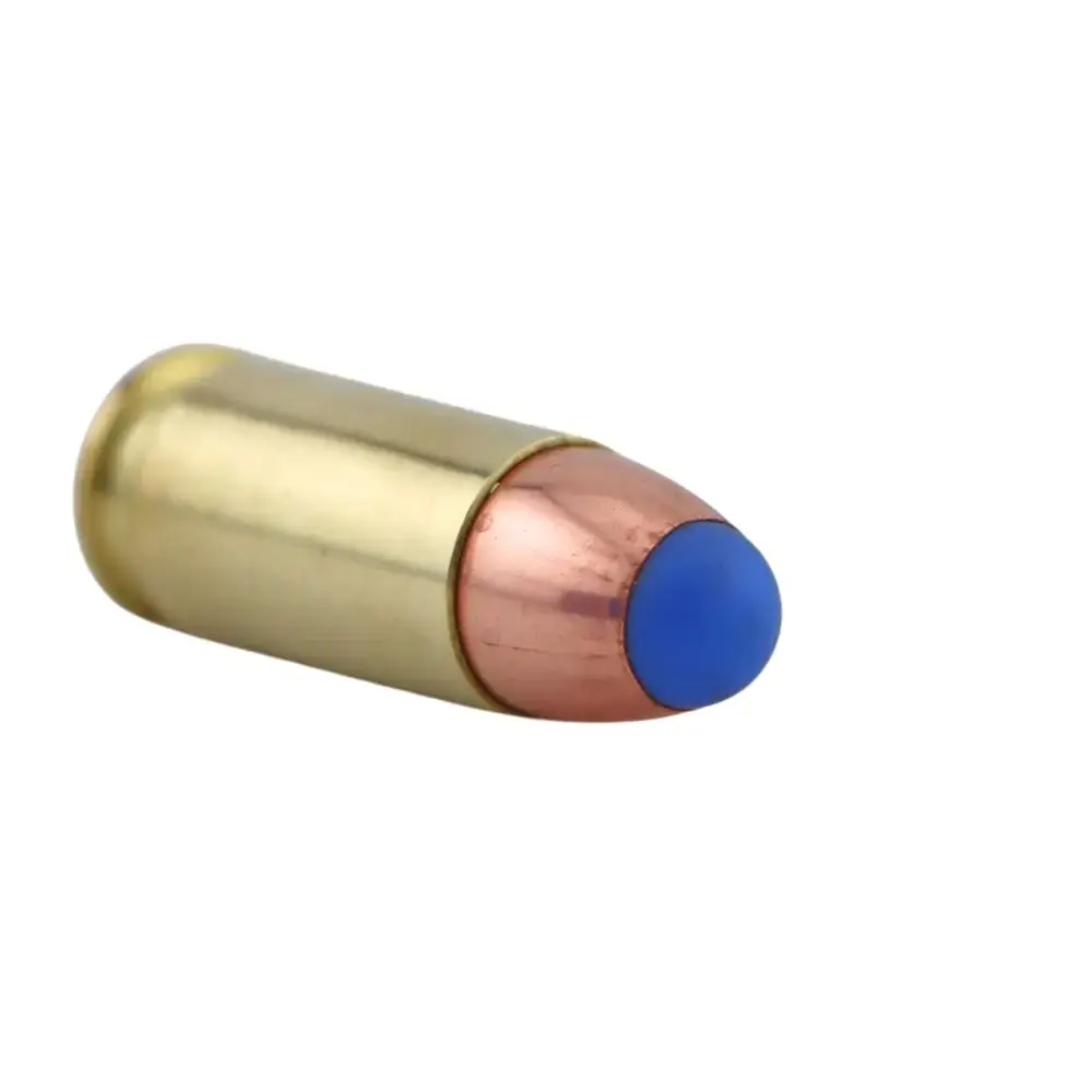 A single bullet cartridge with brass casing and a blue-tipped copper bullet at the end.