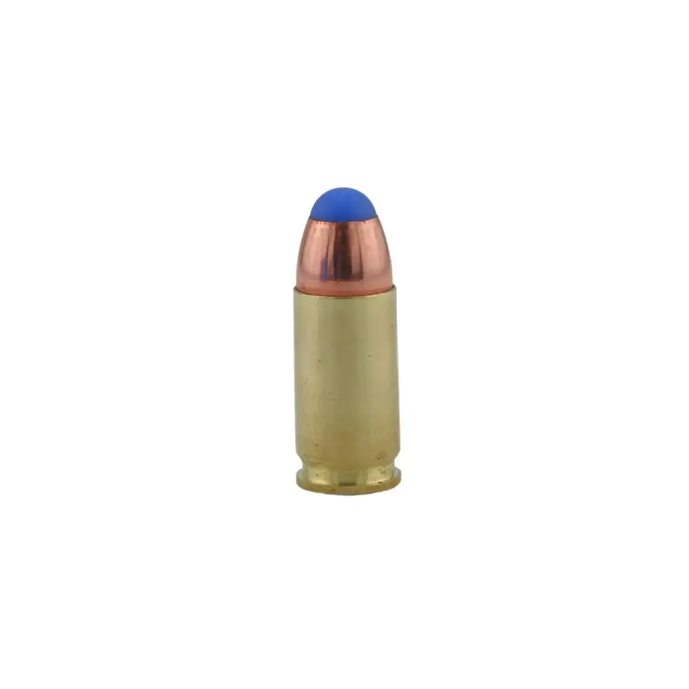 A single brass cartridge with copper jacket and blue tip, standing upright