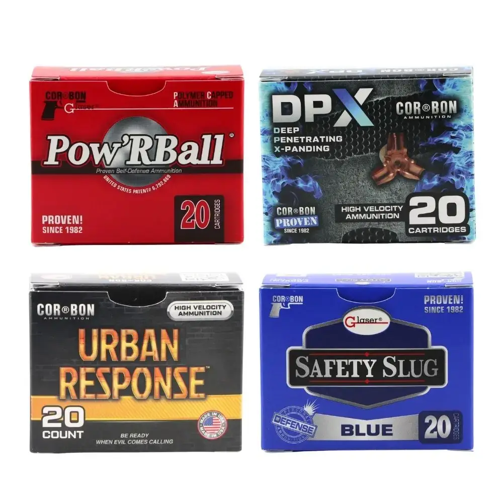 Four boxes of handgun ammunition from Cor-Bon: Pow'Rball (red), DPX (black/blue), Urban Response (orange/black), and Safety Slug Blue (blue).