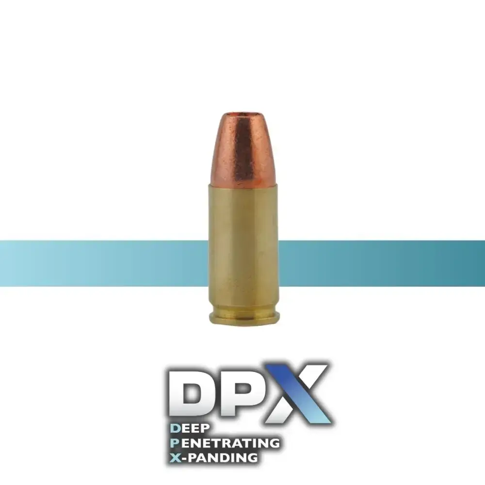 Copper bullet with brass casing standing upright, with a blue DPX Deep Penetrating X-Panding logo beneath.