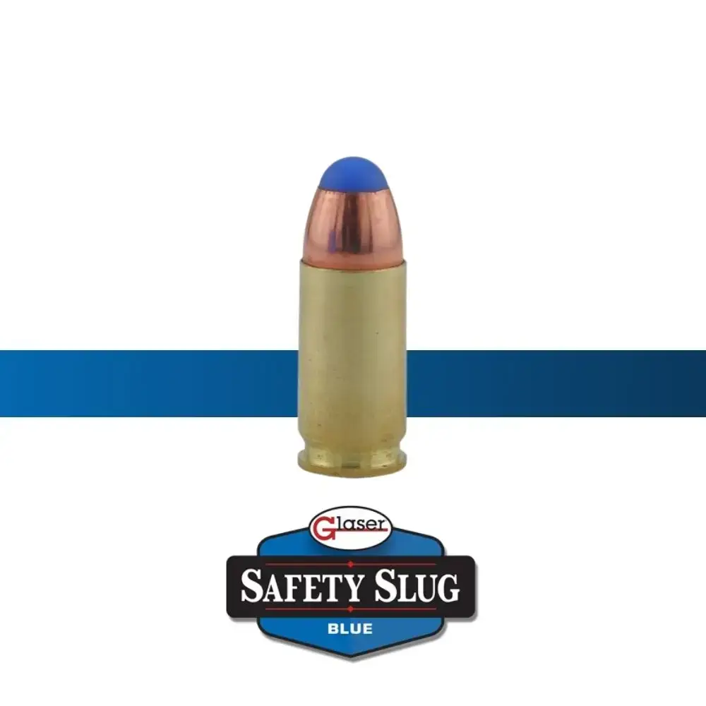 Blue-tipped copper jacketed bullet with brass case, branded Glaser Safety Slug Blue