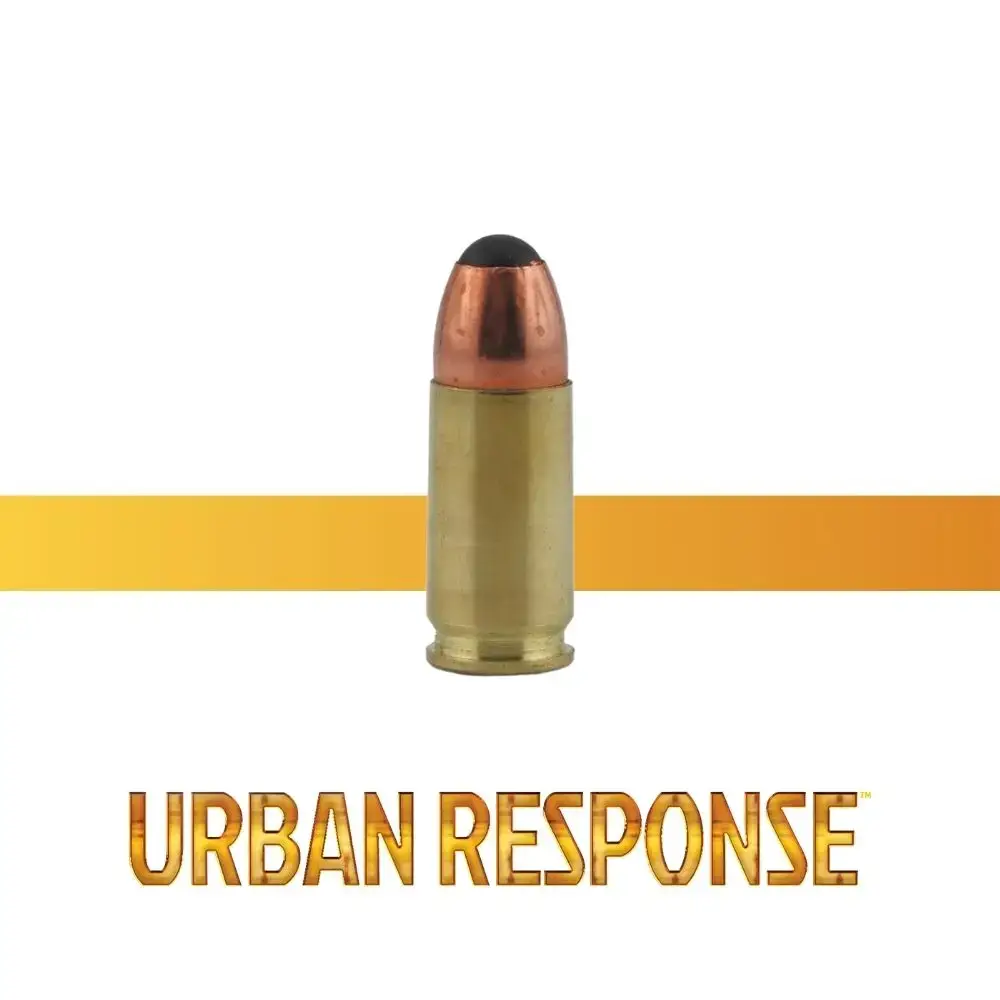Center-aligned brass bullet cartridge with copper tip, set against an orange gradient stripe and the text ‘URBAN RESPONSE’ in gold metallic letters below.