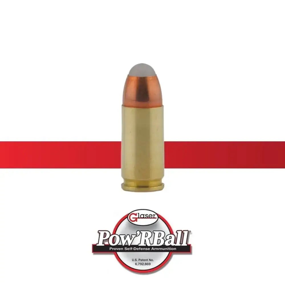 Gold, copper-tipped handgun cartridge centered on a white background with a red ribbon; logo reads Pow'RBall self-defense ammunition.